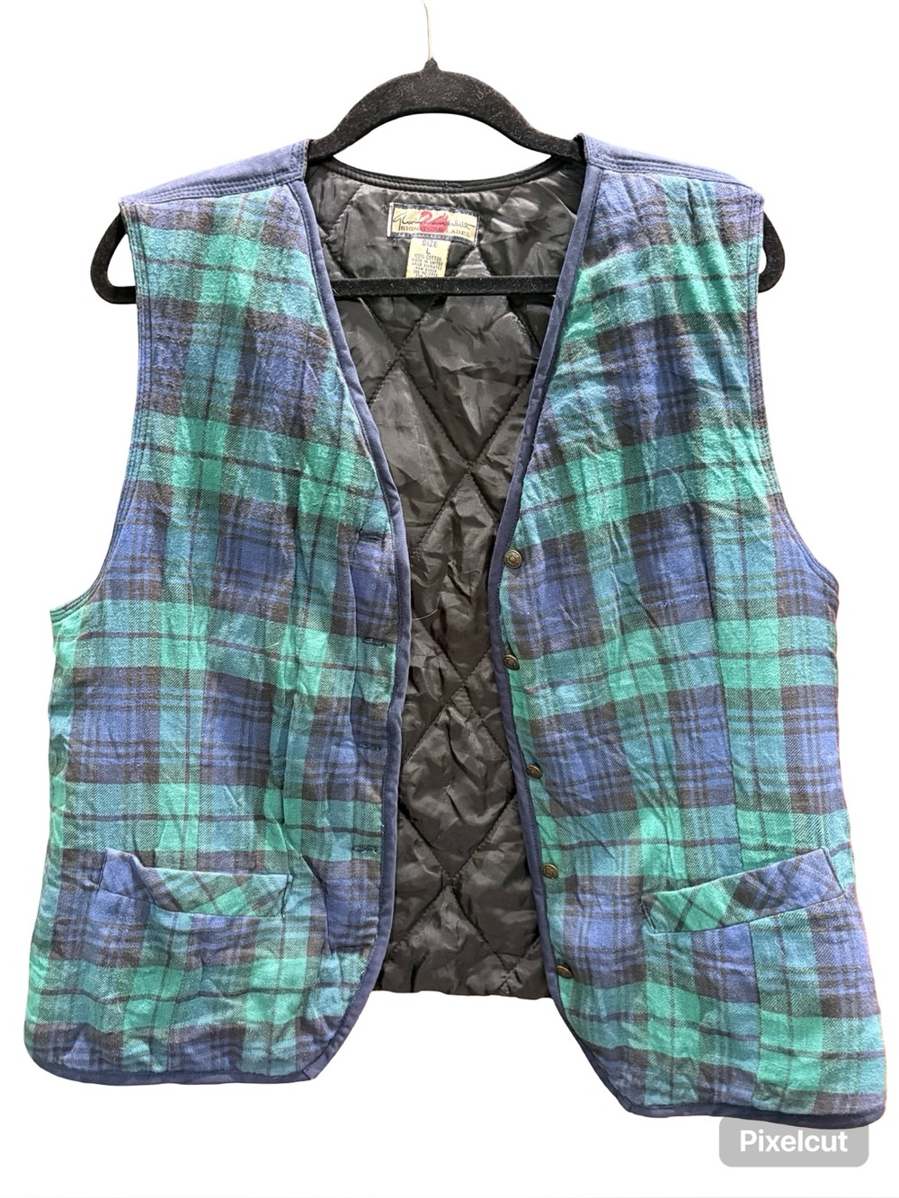 Quilted Plaid Button-Up Vest in Teal & Navy